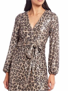 Gianni Bini leopard  Sequin Long Sleeve V-Neck Wrap Dress Small